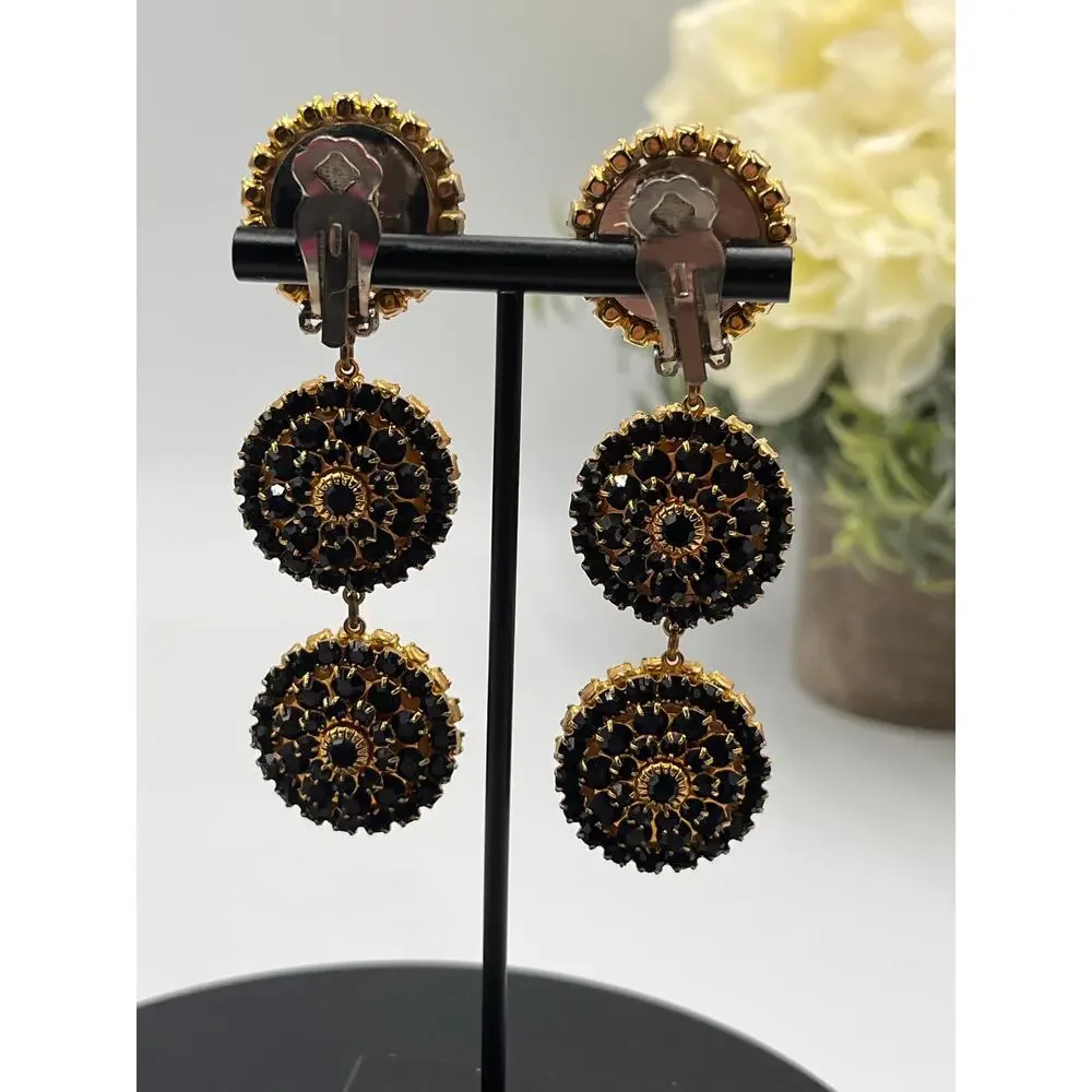 Mistar Bijoux Deadstock 3D Puff‎ Three Drop Dangle Crystal Gold Clip on Earrings